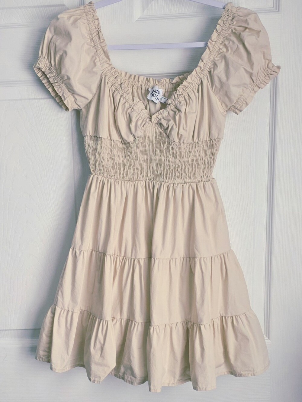Princess Polly Daniela Smocked Mini Dress Cream Beige Cotton Size 4